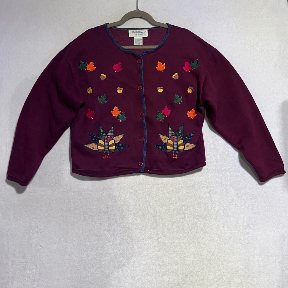 BellePointe Vintage Thanksgiving Turkey Fall Leaves Cardigan Large 90s